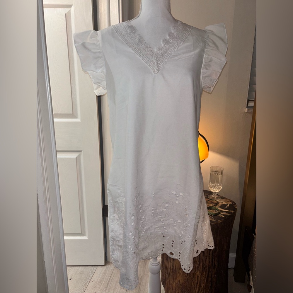 White Eyelet V-Neck Mini Dress with Flutter Sleeves